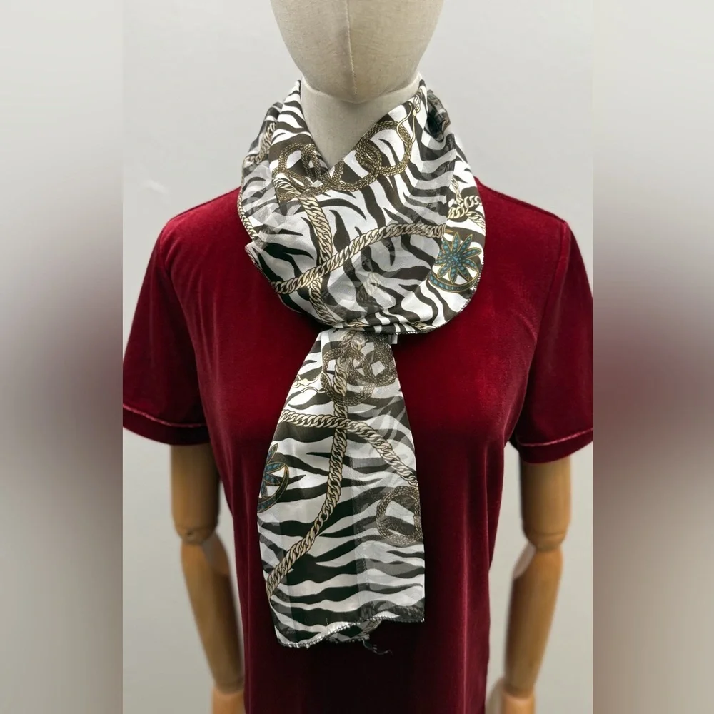 Zebra Print Chain Scarf Gold Rope Pattern Lightweight Sheer Polyester